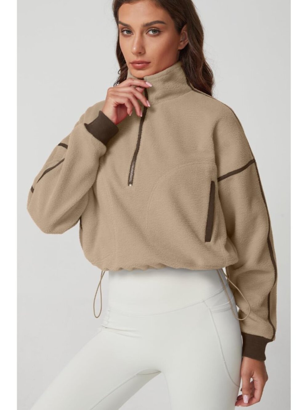 Women’s Khaki Long Sleeve Half ZIP Pullover Cropped Sweatshirt Fleece Jacket - Picture 5 of 6
